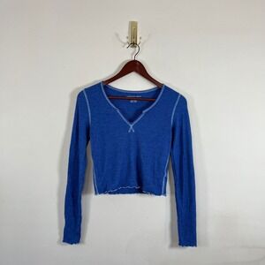 American Eagle Blue Thermal Cropped Long Sleeve Top XS Exposed Seams Ribbed